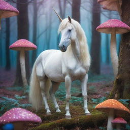 A mystical scene featuring a luminous unicorn with shimmering mane, standing near an enchanting mushroom forest with vibrant colored caps.