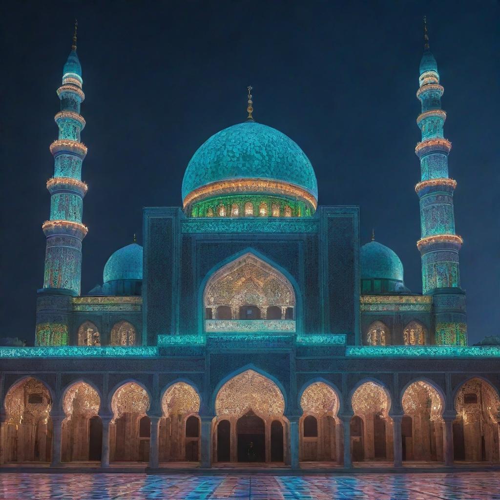 A spectacular mosque interpreted through an electropunk lens, glowing with neon lights, digital displays, and high technology embedded into its Islamic architecture.