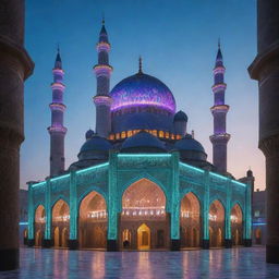 A spectacular mosque interpreted through an electropunk lens, glowing with neon lights, digital displays, and high technology embedded into its Islamic architecture.