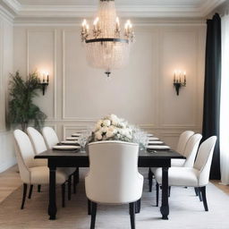 A beautifully decorated light-colored dining room wall designed for a wedding, without any flowers