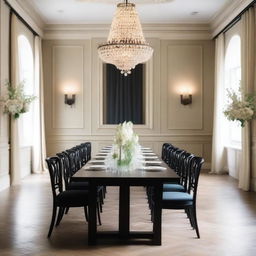 A beautifully decorated light-colored dining room wall designed for a wedding, without any flowers