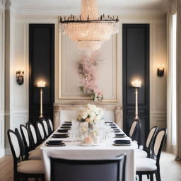 A beautifully decorated light-colored dining room wall designed for a wedding, without any flowers