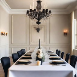 A beautifully decorated light-colored dining room wall designed for a wedding, without any flowers