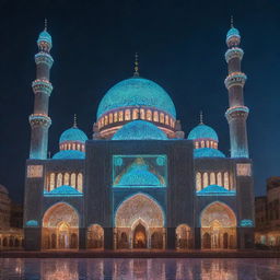 A spectacular mosque interpreted through an electropunk lens, glowing with neon lights, digital displays, and high technology embedded into its Islamic architecture.