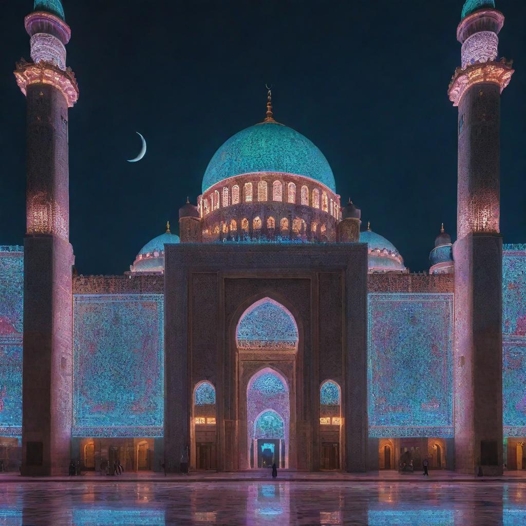 A spectacular mosque interpreted through an electropunk lens, glowing with neon lights, digital displays, and high technology embedded into its Islamic architecture.