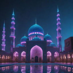 A stunning mosque reimagined in a cyberpunk style, sparkling with neon lights, holographic calligraphy and futuristic silhouettes layered over traditional Islamic architecture.