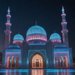 A stunning mosque reimagined in a cyberpunk style, sparkling with neon lights, holographic calligraphy and futuristic silhouettes layered over traditional Islamic architecture.