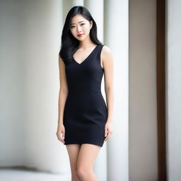 A beautiful Asian woman with blue eyes, wearing a little black dress