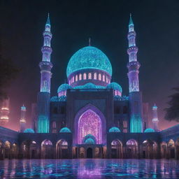 A stunning mosque reimagined in a cyberpunk style, sparkling with neon lights, holographic calligraphy and futuristic silhouettes layered over traditional Islamic architecture.