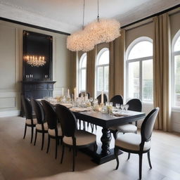 A festive event dinner room decorated with light colors, featuring a rectangular black table with a candle centerpiece