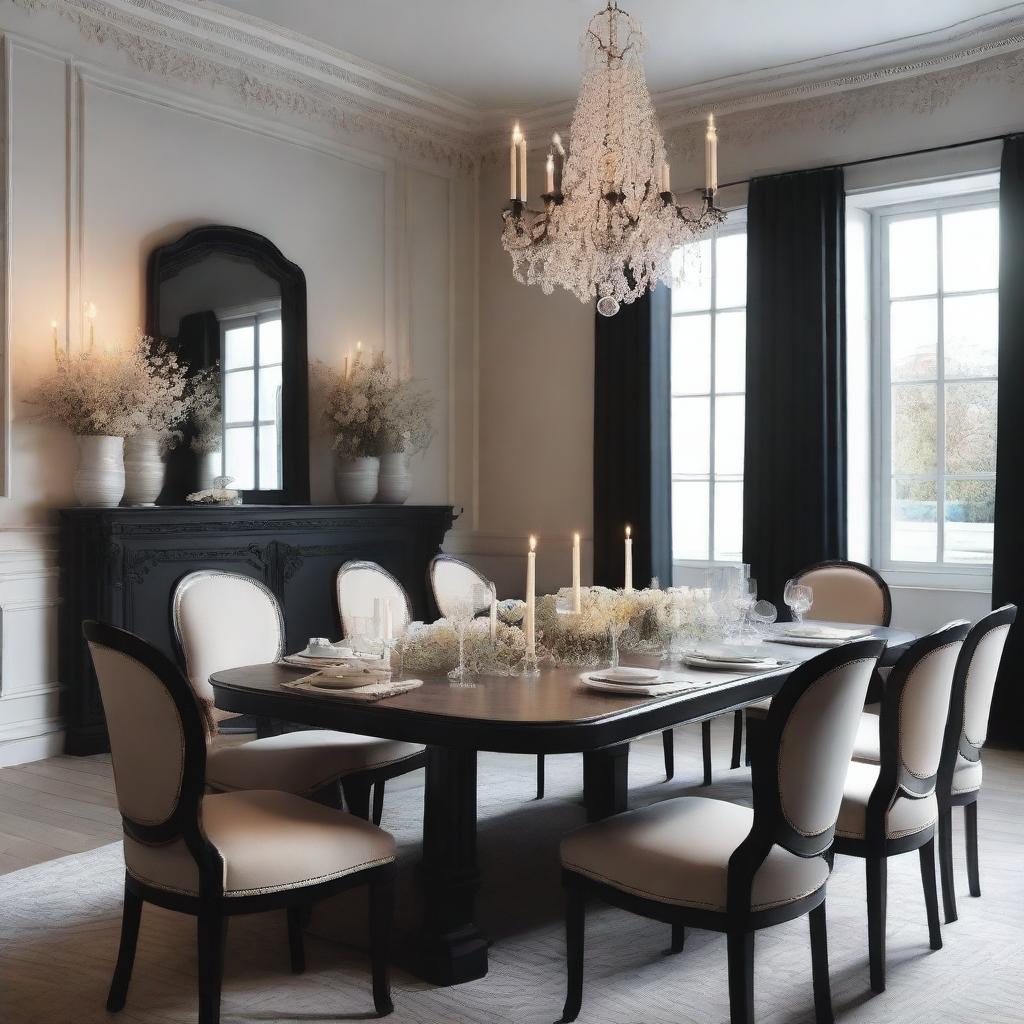 A festive event dinner room decorated with light colors, featuring a rectangular black table with a candle centerpiece