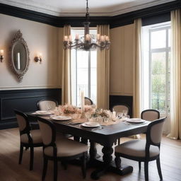 A festive event dinner room decorated with light colors, featuring a rectangular black table with a candle centerpiece