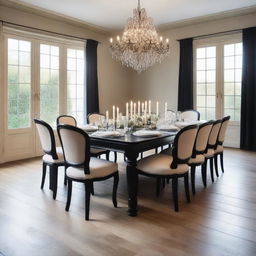 A festive event dinner room decorated with light colors, featuring a rectangular black table with a candle centerpiece