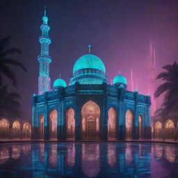 A stunning mosque reimagined in a cyberpunk style, sparkling with neon lights, holographic calligraphy and futuristic silhouettes layered over traditional Islamic architecture.