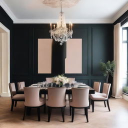 A dinner room with a non-flower decorated wall painted in a light but vivid color