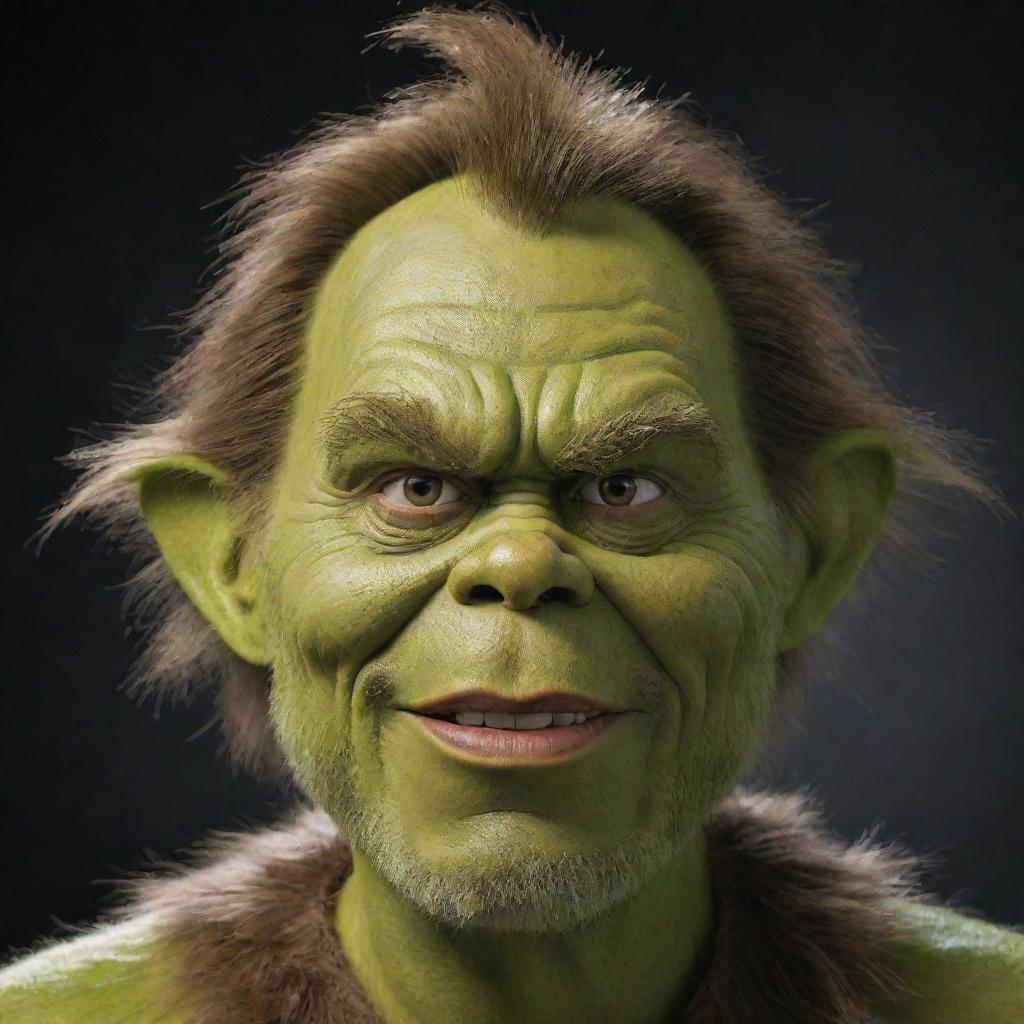 Photorealistic Jim Carrey in his Grinch role but with brown skin and fur