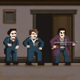 A doctor being held hostage by bandits in a pixel art style