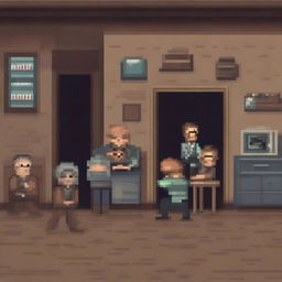 A doctor being held hostage by bandits in a pixel art style