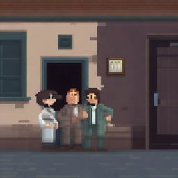 A doctor being held hostage by bandits in a pixel art style