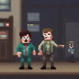 A doctor being held hostage by bandits in a pixel art style