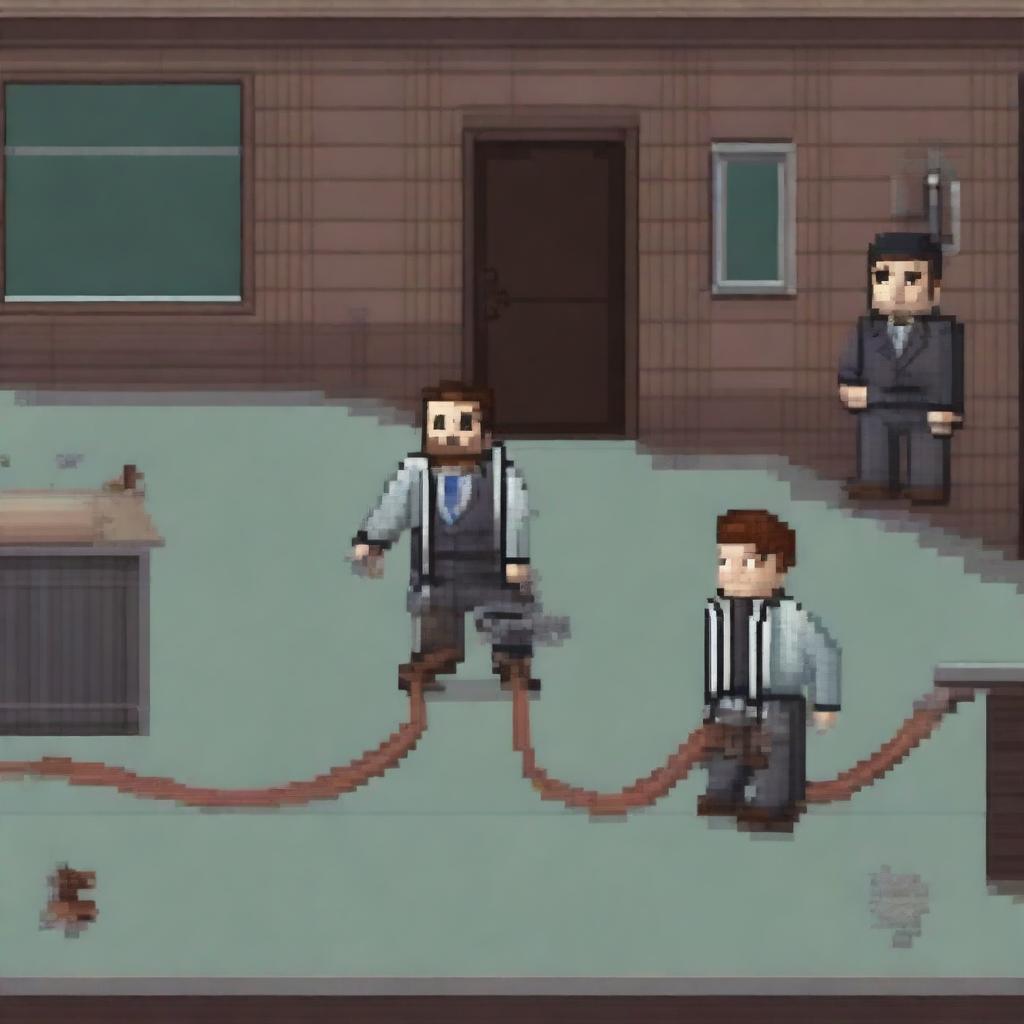 A pixel art image depicting a doctor tied up and held hostage by bandits