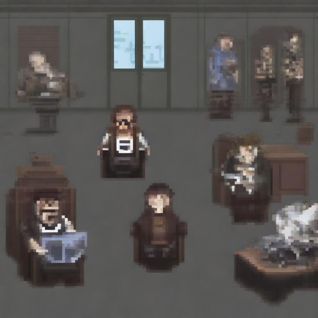 A pixel art image depicting a doctor tied up and held hostage by bandits