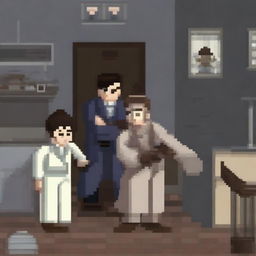 A pixel art image depicting a doctor tied up and held hostage by bandits