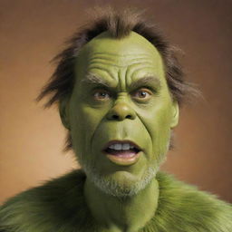 Photorealistic Jim Carrey in his Grinch role but with brown skin and fur