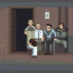 A pixel art image depicting a doctor tied up and held hostage by bandits