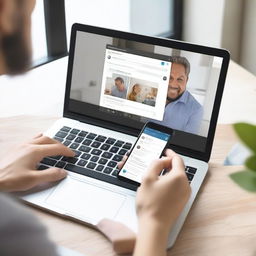 Create an image of a user enjoying the Connectza social networking platform on their laptop