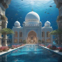 A grand mosque redesigned in an aquapunk aesthetic, surrounded by an underwater landscape with marine life, glowing corals and advanced, futuristic water technology embedded into its structure.