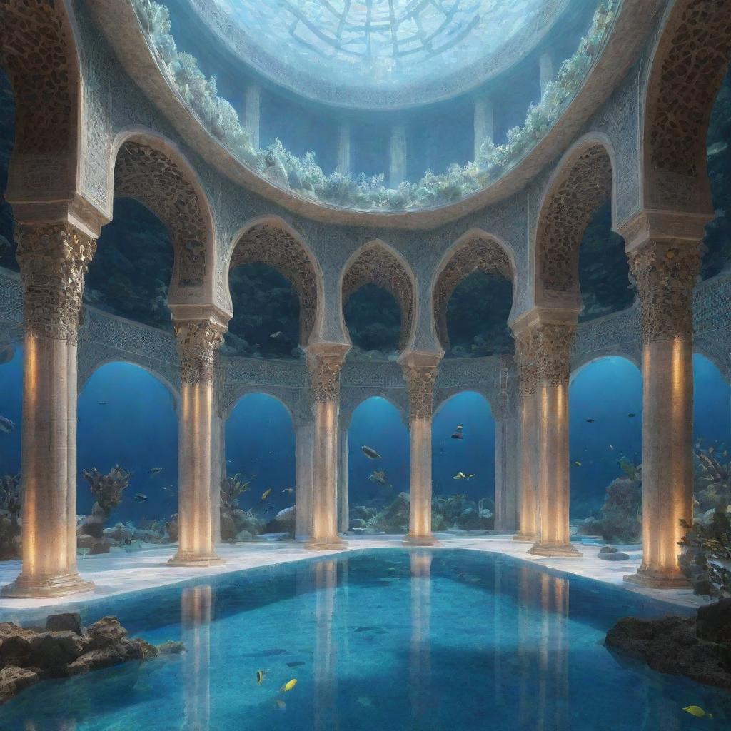 A grand mosque redesigned in an aquapunk aesthetic, surrounded by an underwater landscape with marine life, glowing corals and advanced, futuristic water technology embedded into its structure.