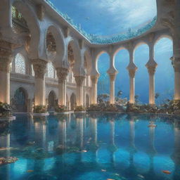 A grand mosque redesigned in an aquapunk aesthetic, surrounded by an underwater landscape with marine life, glowing corals and advanced, futuristic water technology embedded into its structure.