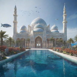 A grand mosque redesigned in an aquapunk aesthetic, surrounded by an underwater landscape with marine life, glowing corals and advanced, futuristic water technology embedded into its structure.