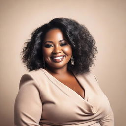 A voluptuous middle-aged black woman with a confident and radiant smile