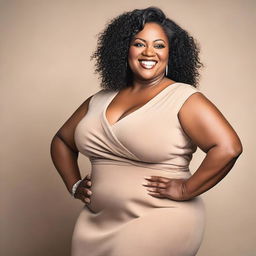 A voluptuous middle-aged black woman with a confident and radiant smile