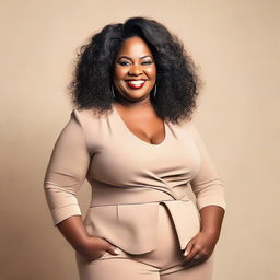 A voluptuous middle-aged black woman with a confident and radiant smile