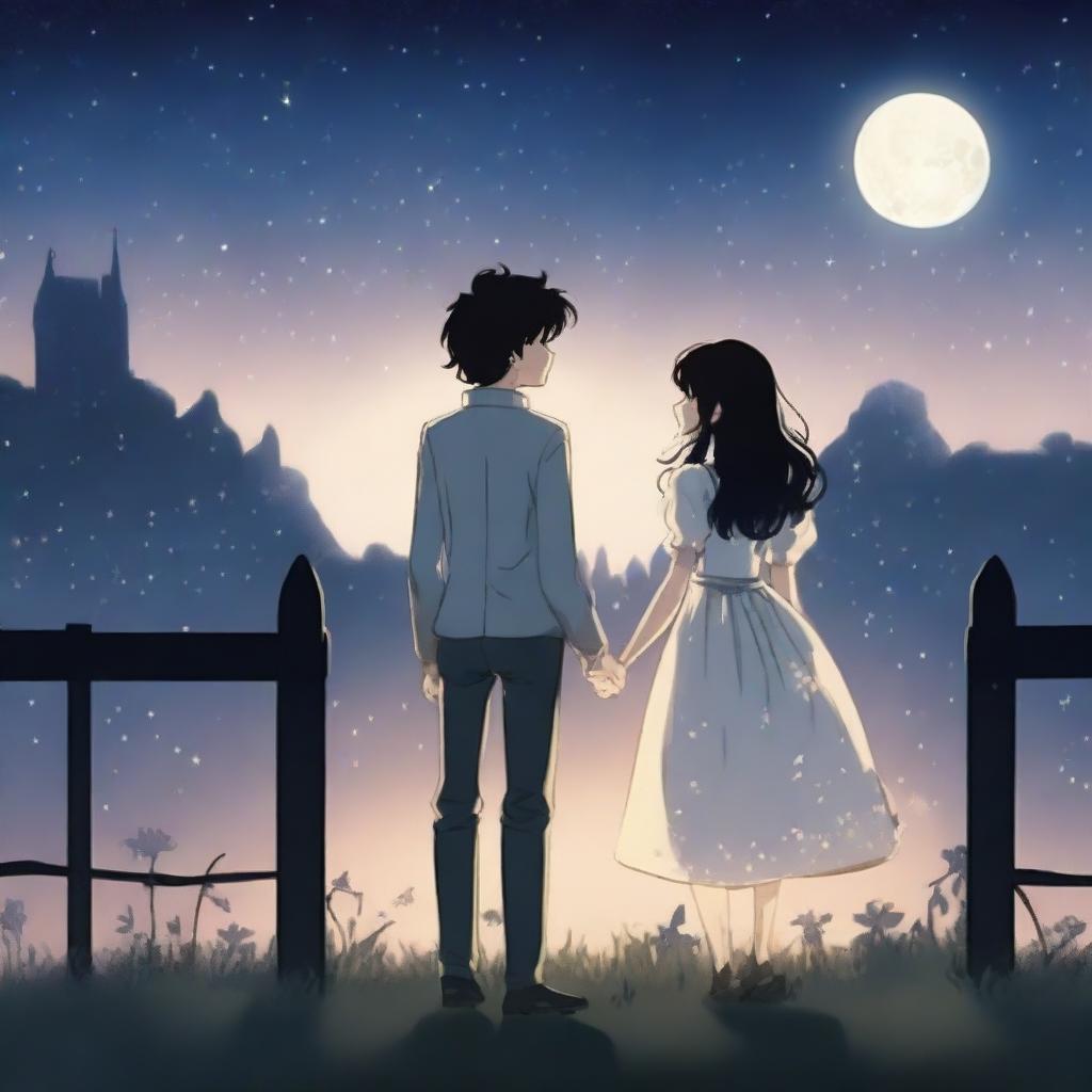 A brunette princess stands on one side of a fence, while a tall black-haired boy, dressed as a commoner, stands on the other side