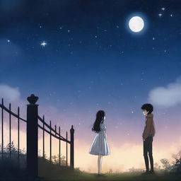 A brunette princess stands on one side of a fence, while a tall black-haired boy, dressed as a commoner, stands on the other side