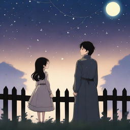 A brunette princess stands on one side of a fence, while a tall black-haired boy, dressed as a commoner, stands on the other side