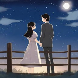 A brunette princess stands on one side of a fence, while a tall black-haired boy, dressed as a commoner, stands on the other side