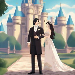 A beautiful brunette princess standing next to a very tall man with black hair