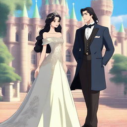 A beautiful brunette princess standing next to a very tall man with black hair