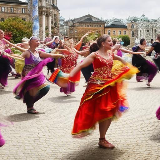 A lively group of women engaged in a vibrant dance, full of movement and rhythmic grace.