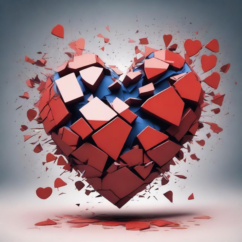 A detailed illustration of a heart in broken pieces, with fragments scattered around