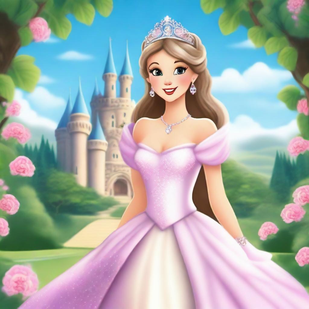 A beautiful princess in a magical kingdom, wearing an elegant gown with a sparkling tiara