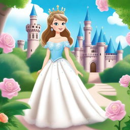 A beautiful princess in a magical kingdom, wearing an elegant gown with a sparkling tiara