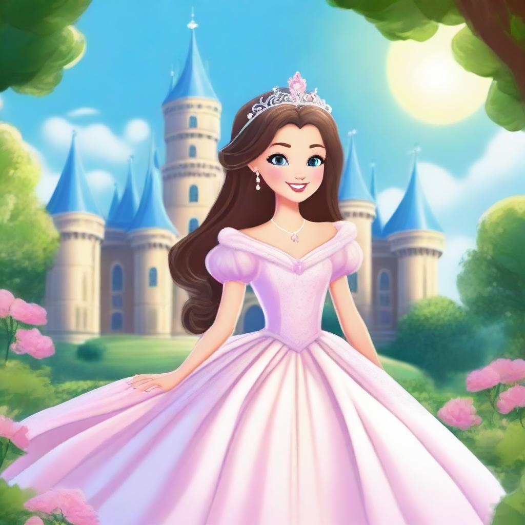 A beautiful princess in a magical kingdom, wearing an elegant gown with a sparkling tiara