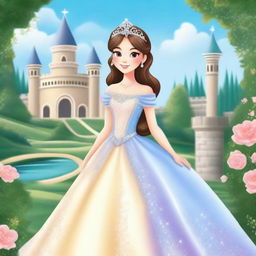 A beautiful princess in a magical kingdom, wearing an elegant gown with a sparkling tiara