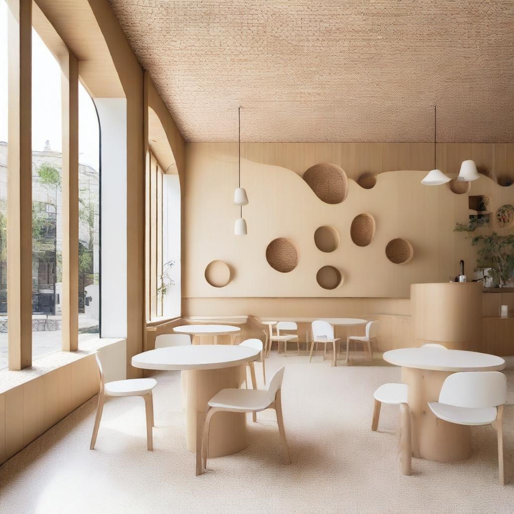 A beautifully designed café located in a 100-year-old house, featuring a children's play area made of poplar wood